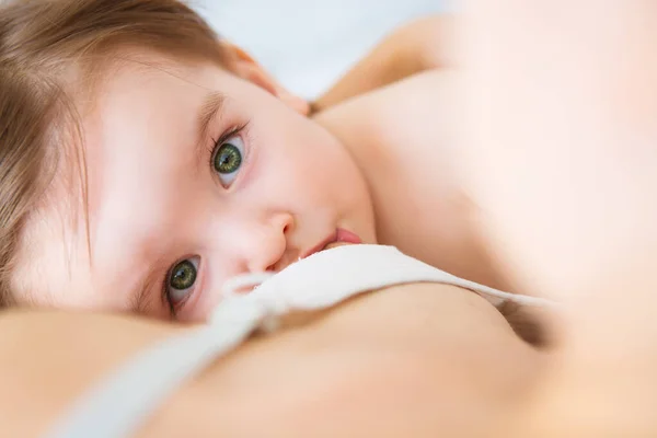 Mãe Amamentando Sua Filhinha Mãe Amamentando Alimentando Bebê Retrato Close — Fotografia de Stock