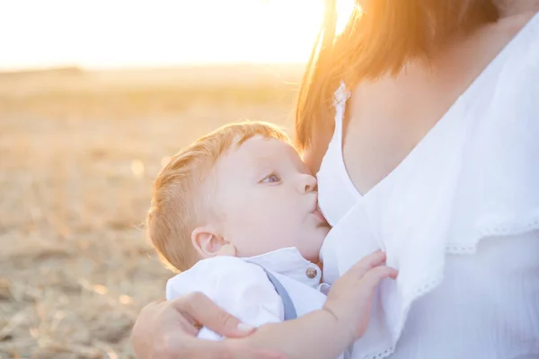 Mamá Está Amamantando Hijo Naturaleza Familia Feliz Sentada Fondo Del — Foto de Stock