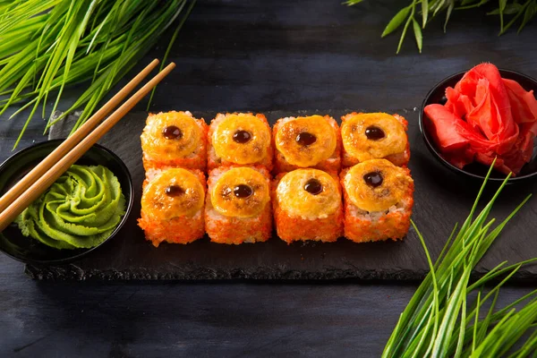 Set Baked Sushi Rolls Wasabi Ginger Black Background Japanese Oriental — Stock Photo, Image