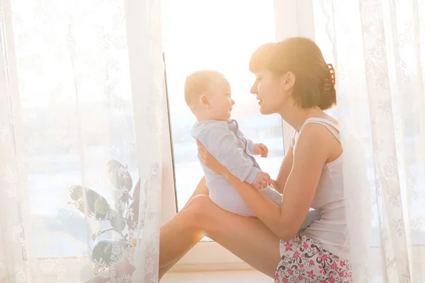 Young Mother Baby Beautiful Bedroom Happy Mother Holding Adorable Child — Stock Photo, Image