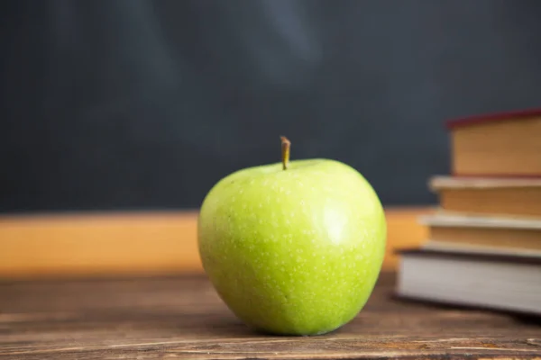 Books Apples Wooden Table Background Chalkboard Blackboard Stock Picture