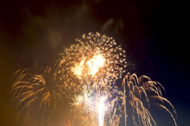 Kara gökyüzü arka planında güzel renkli bayram havai fişekleri, uzun pozlama