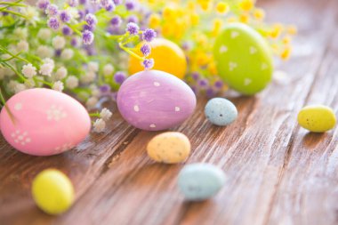 Kırsal bir arka planda Paskalya yumurtaları ve bahar çiçekleri.