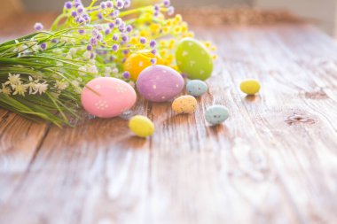 Kırsal arka planda Paskalya yumurtaları ve bahar çiçekleri.