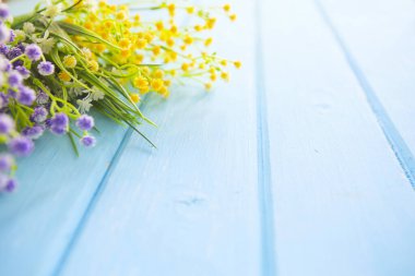 Renkli sarı, beyaz ve leylak bahar çiçekleri mavi boyalı ahşap tahtalar üzerinde.