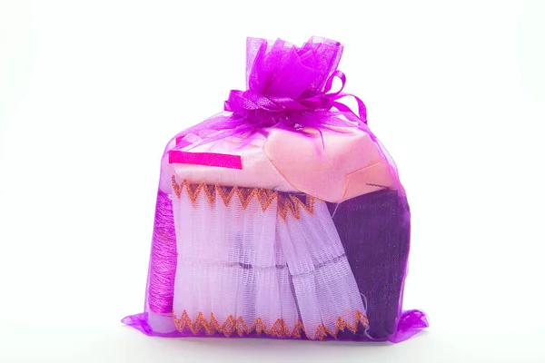 Lilac Pouch Bows Strings White — Stock Photo, Image