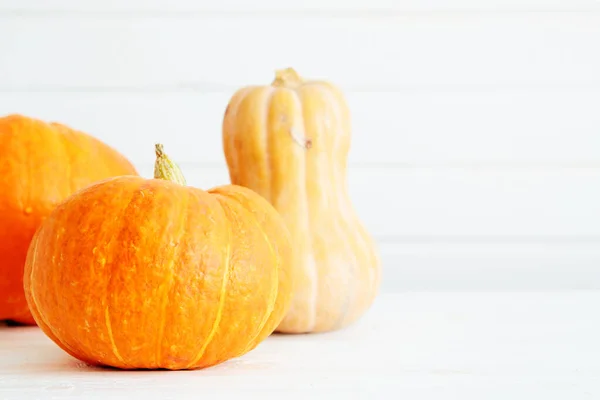 Imagem Feriados Halloween Abóboras Tábuas Brancas Conceito Comida Orgânica Comida — Fotografia de Stock