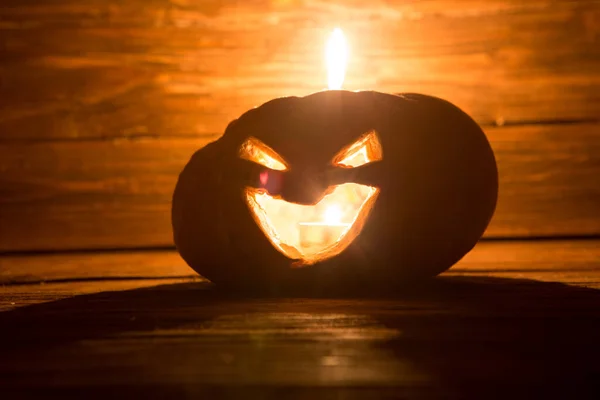 Jack Lanterns Halloween Pumpkin Face Candle Wooden Background — Stock Photo, Image