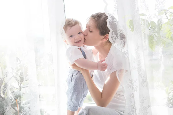 Happy Cheerful Family Mother Baby Kissing Laughing Hugging Boy — Stock Photo, Image