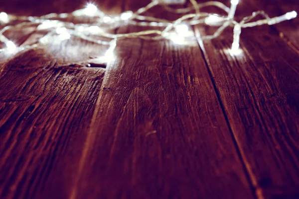 Fondo Luces Navidad Con Suelo Rústico Marrón Madera — Foto de Stock