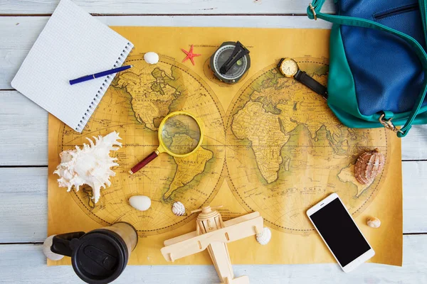 Accesorios Viaje Mapa Del Mundo Relojes Aviones Otros Concepto Viaje — Foto de Stock