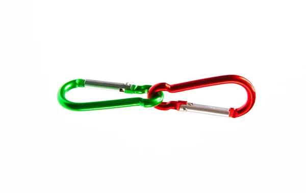 Two Connected Climbing Green Red Carabiners Isolated White Background — Stock Photo, Image