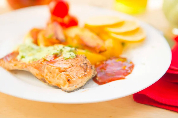 Baked Salmon Potatoes Cream Sauce Wooden Table — Stock Photo, Image