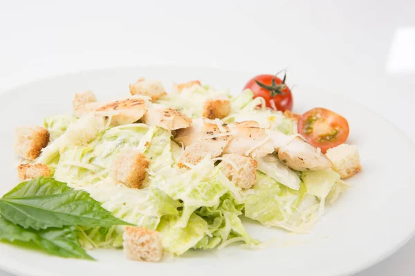 Salada Legumes Caseiro Com Frango Queijo Placa Retangular Branca Fundo — Fotografia de Stock