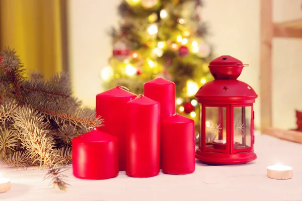 Red Candles Christmas Tree Background Interior — Stock Photo, Image