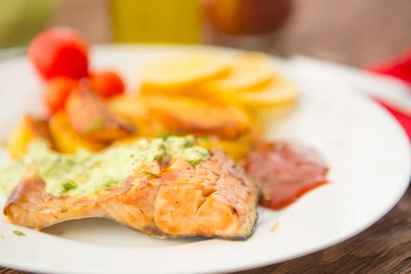 Baked Salmon Potatoes Cream Sauce Wooden Table — Stock Photo, Image