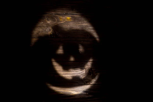 Черная Темная Смеющаяся Тыква Хэллоуин Джек Фонарь Тени Темном Деревянном — стоковое фото