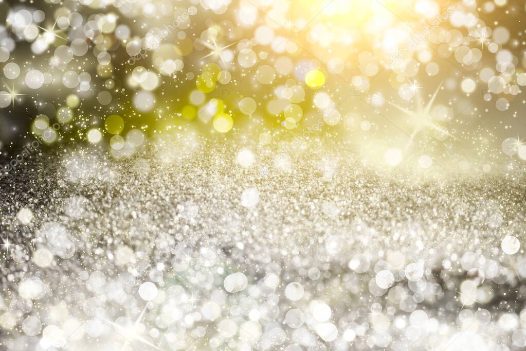 Silver light bokeh background. Abstract grey shiny glitter bokeh christmas background.