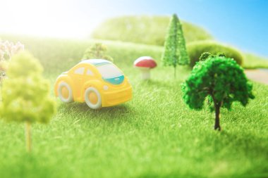 Bahçedeki çimlerin üzerinde oyuncak araba