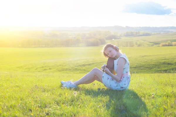 Girl Sitting Acoustic Guitar Field Copy Space Inscription — Stock Photo, Image