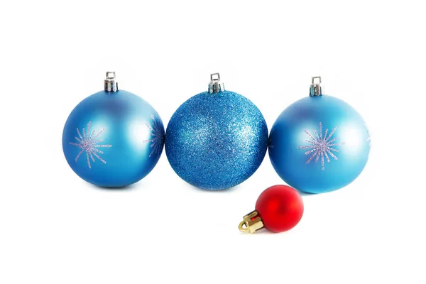 Three Blue Christmas Balls One Red Isolated White — Stock Photo, Image