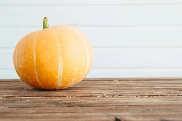 Orange Pumpkins Brown Wooden Table White Wooden Wall Country Autumn — Stock Photo, Image