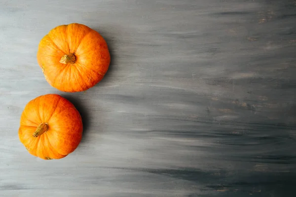 Höstens Övre Gräns Två Orange Pumpor Ljusgrå Trä Bakgrund Med — Stockfoto