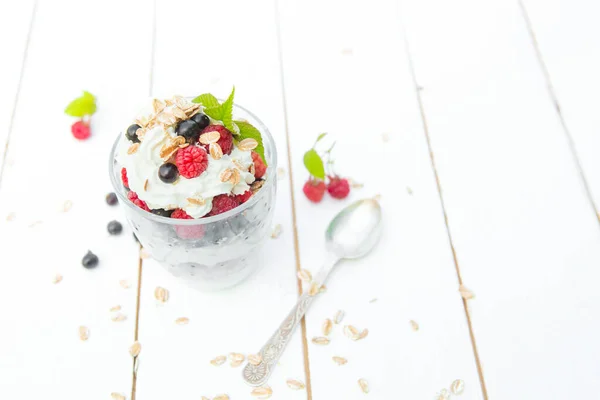 Dessert Layered Pudding Raspberry Black Currant Glass — Stock Photo, Image