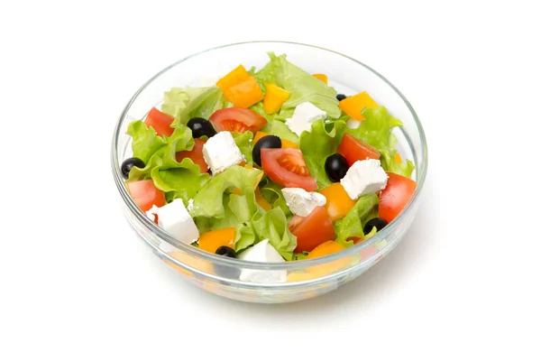 Salade Grecque Dans Bol Verre Isolé Sur Fond Blanc — Photo