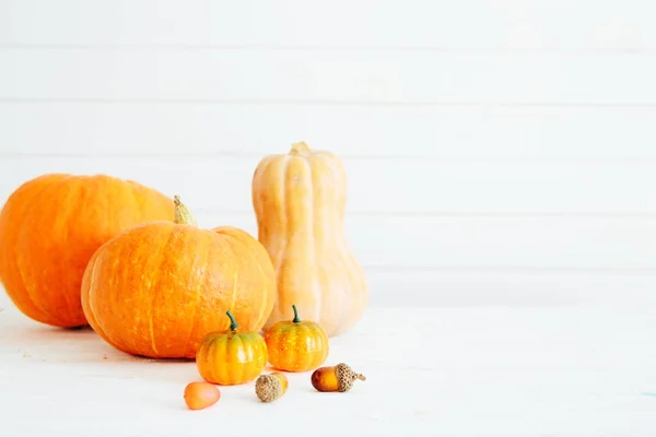 Orange Pumpkins White Planks Holiday Decoration Organic Food Healthy Food — Stock Photo, Image