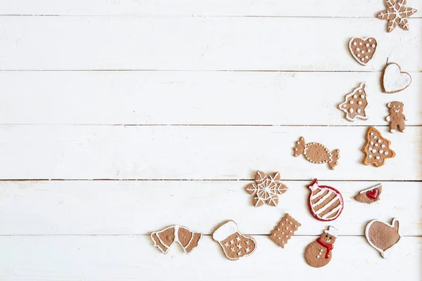 Gingerbread Cookie New Year White Wooden Background Top View Copyspace — Stock Photo, Image