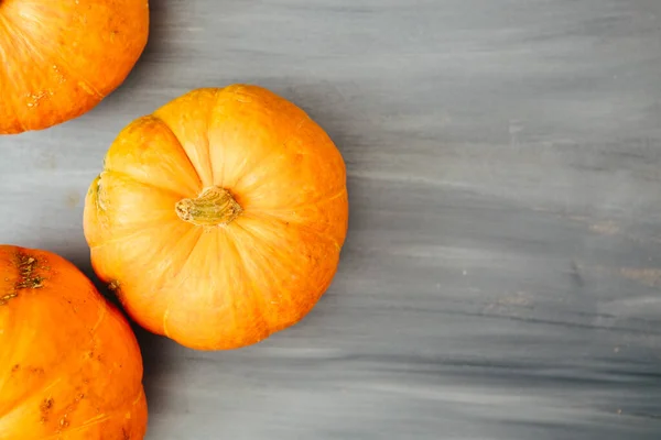 Höst Thanksgiving Och Halloween Pumpor Över Grå Trä Bord Bakgrund — Stockfoto