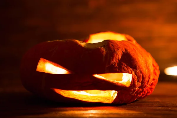 Jack Lantern One Halloween Pumpkin Wooden Background — Stock Photo, Image