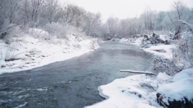 Güzel bir kış ormanındaki dağ nehri. Dalları buzullarla ve karla kaplı.