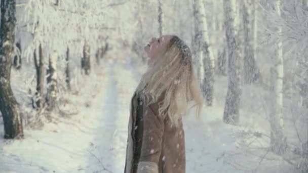 En kvinna går genom en vinterskog med snötäckta träd en vacker frostig morgon. Långsamma rörelser — Stockvideo