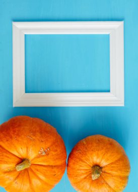 Mavi ahşap arka planda beyaz çerçeveli balkabakları Şükran Günü ve Cadılar Bayramı konsepti. Yukarıdan bak. Üst Manzara. Metin ve tasarım için alanı kopyala. Akıllı telefon için dikey resim