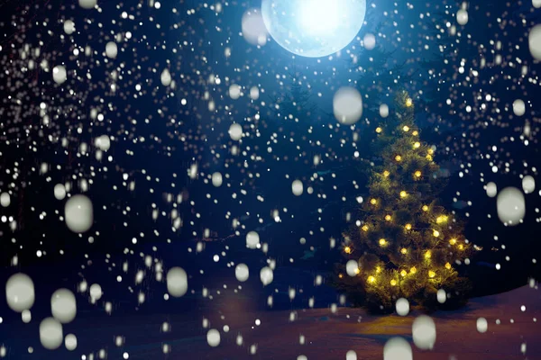 Frohe Weihnachten Frostige Winterweihnachtsnacht Magische Lichterketten Auf Schneebedecktem Hintergrund Wald — Stockfoto