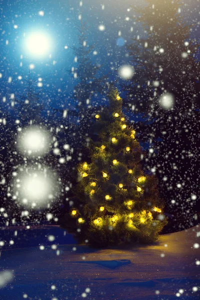 Feliz Navidad Árbol Navidad Afuera Nevada Luz Luna Hermoso Fondo — Foto de Stock