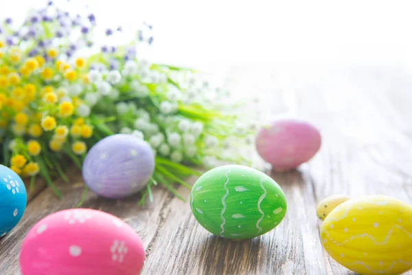 Easter Eggs Painted Pastel Colors Wooden Background — Stock Photo, Image