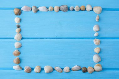 Mavi yumuşak ahşap masa üzerinde beyaz deniz kabukları çerçevesi