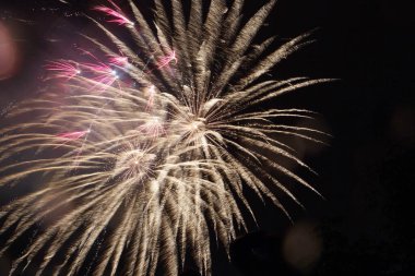 Havai fişekler, gece gökyüzünde havai fişekler. Harika bir ülkenin harika bayramı. Amerika Birleşik Devletleri 'nde Bağımsızlık Günü kutlaması. 4 Temmuz.