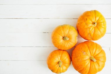 Beyaz ahşap arka planda balkabakları. Şükran Günü ve Cadılar Bayramı konsepti. Yukarıdan bak. Üst Manzara. Metin ve tasarım için boşluk kopyala