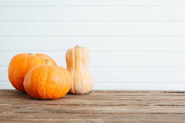 Kahverengi ahşap masada beyaz ahşap duvara yaslanmış turuncu balkabakları, sonbahar arka planında. Organik gıda ve sağlıklı gıda konsepti Şükran Günü ve Cadılar Bayramı konsepti.