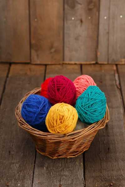 Colorful Decorated Basket Easter Eggs Wool Yarn Wood Table Happy — Stock Photo, Image