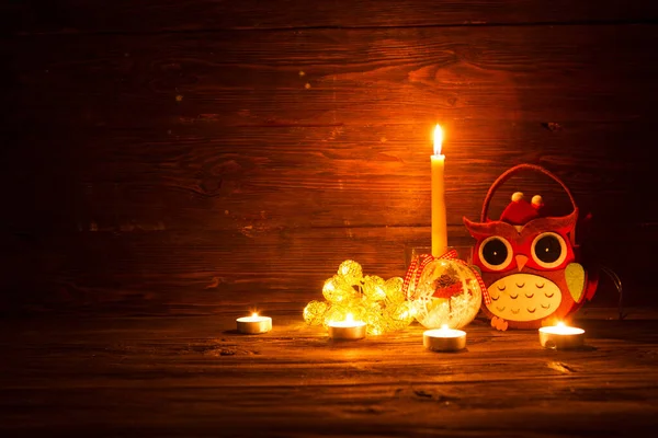 Kerstversiering Met Kerstverlichting Houten Tafel — Stockfoto