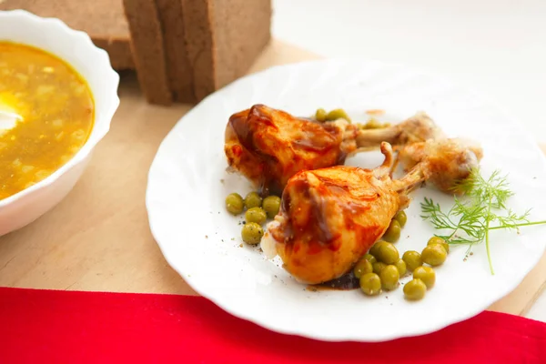 Chicken Legs White Plate Sauce Table — Stock Photo, Image