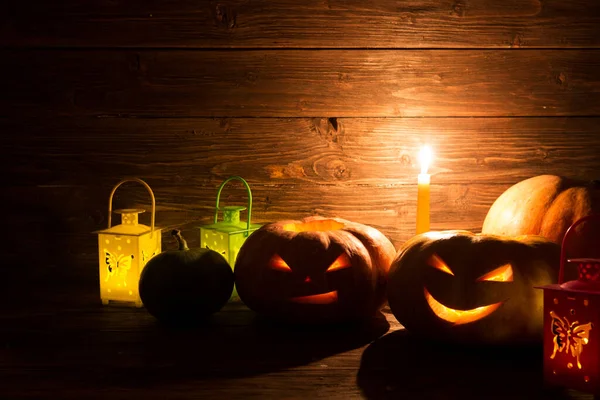 Kürbisse Auf Holzgrund Mit Kopierraum Hintergrund Für Halloween Kürbis — Stockfoto