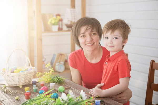 Easter Preparations Happy Young Mother Spending Time Her Joyful Son — Stock Photo, Image