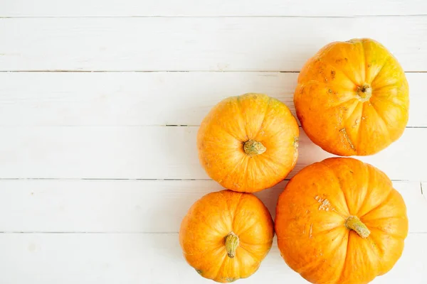 Pumpkins White Wooden Background Thanksgiving Halloween Concept View Top View — Stock Photo, Image