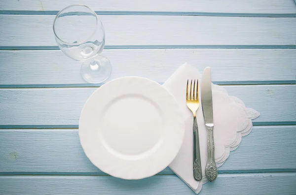 Knife Fork Wooden Table Copy Space Diet Food Concept — Stock Photo, Image